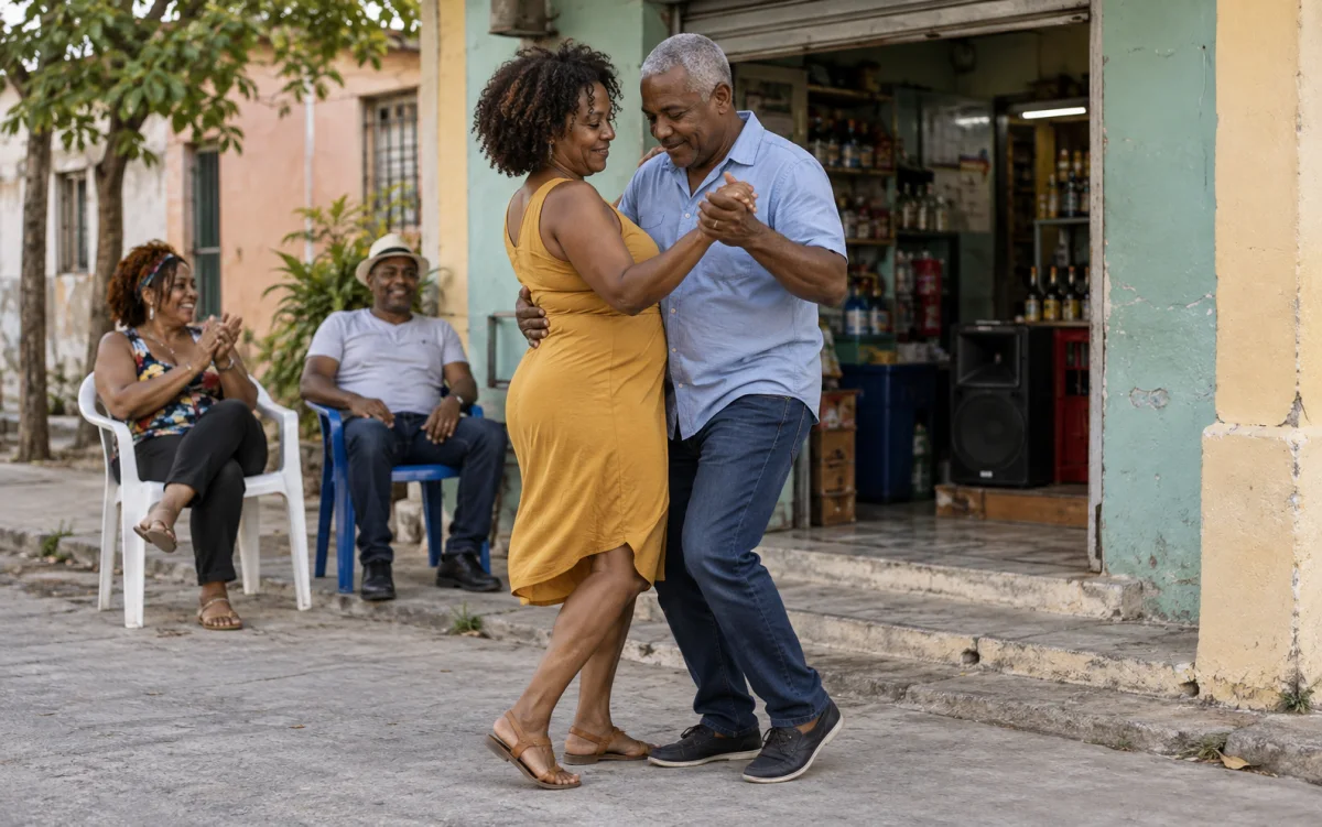Illustration: Couple dancing bachata outside a Dominican-style neighborhood shop