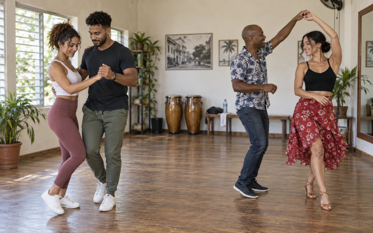 Ilustración: Dos parejas practicando un paso de bachata y un giro de salsa