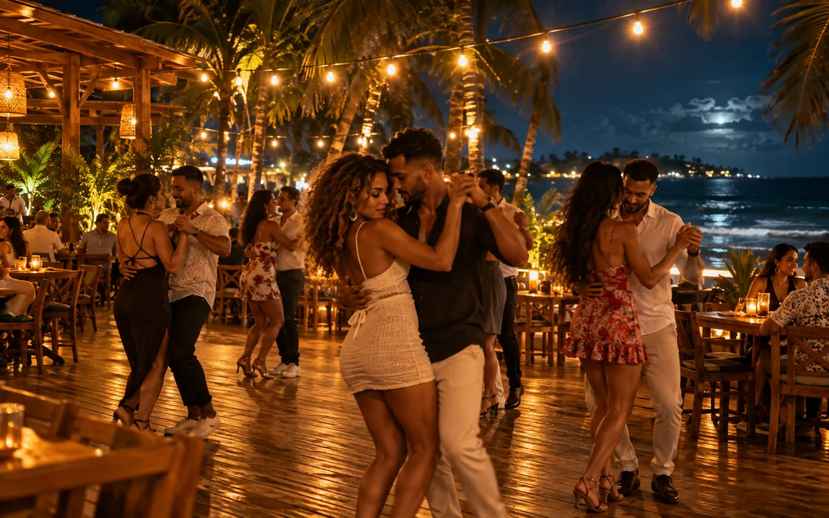 Ilustración: parejas bailando bachata de noche en una terraza frente al mar en Cabarete